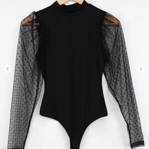 Lulus Save a Spot Black Mock Neck Polka Dot Long Sleeve Bodysuit (M)`